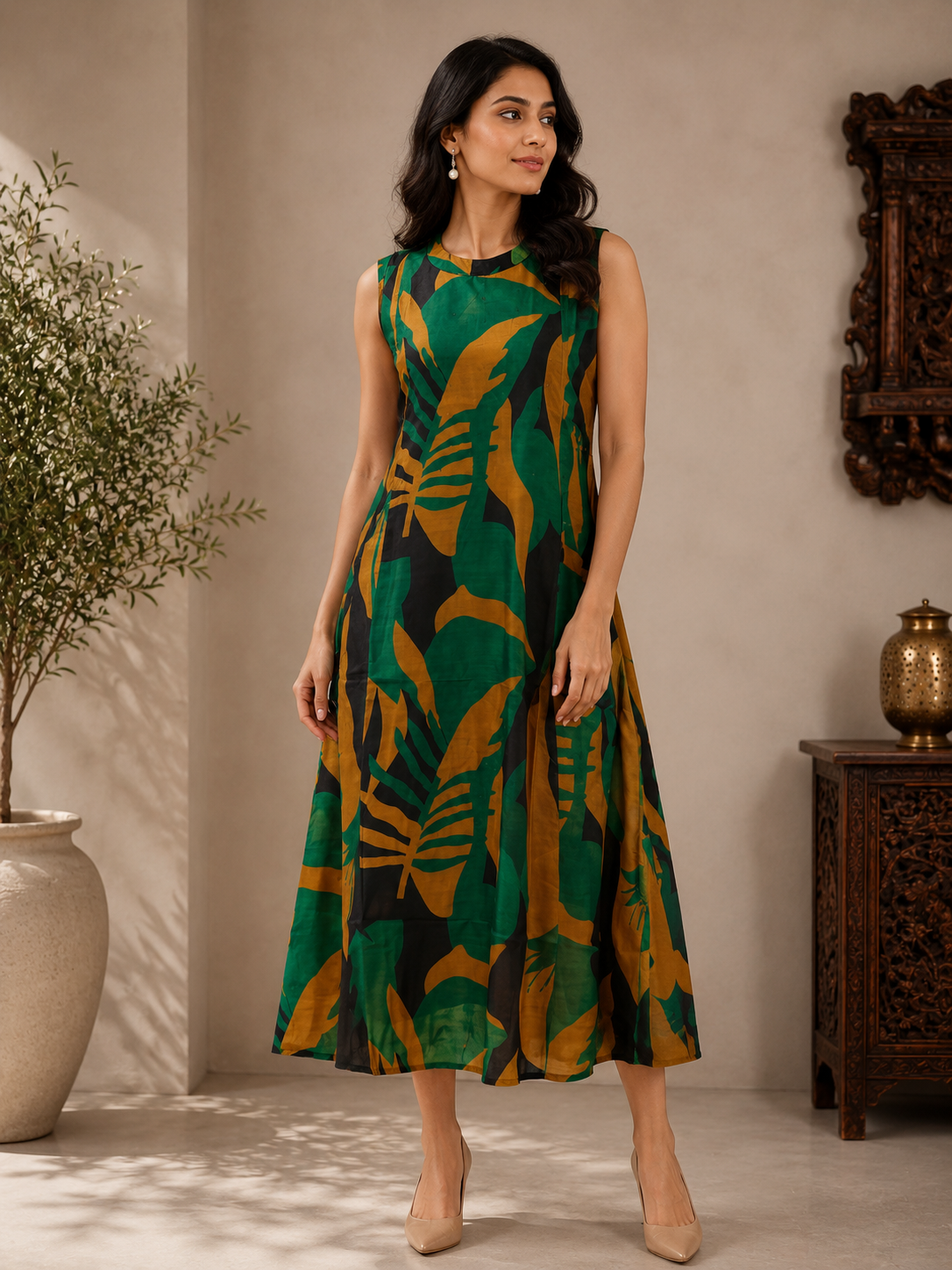 Emerald Green Muslin Silk Leaf Printed A-Line Dress for Women – Rithika Suits