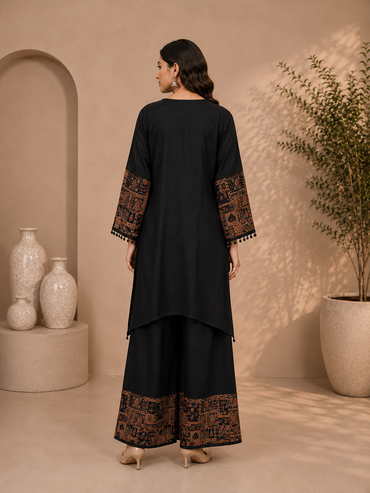 Women's Black Rayon Kurta Palazzo Set with Mirror Work & Ethnic Print