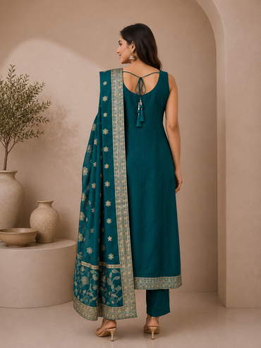 Teal Green Silk Embroidered Suit Set with Floral Dupatta