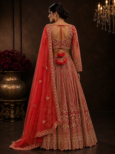 Royal Red Silk Designer Lehenga Choli with Heavy Golden Zari Embroidery & Net Dupatta