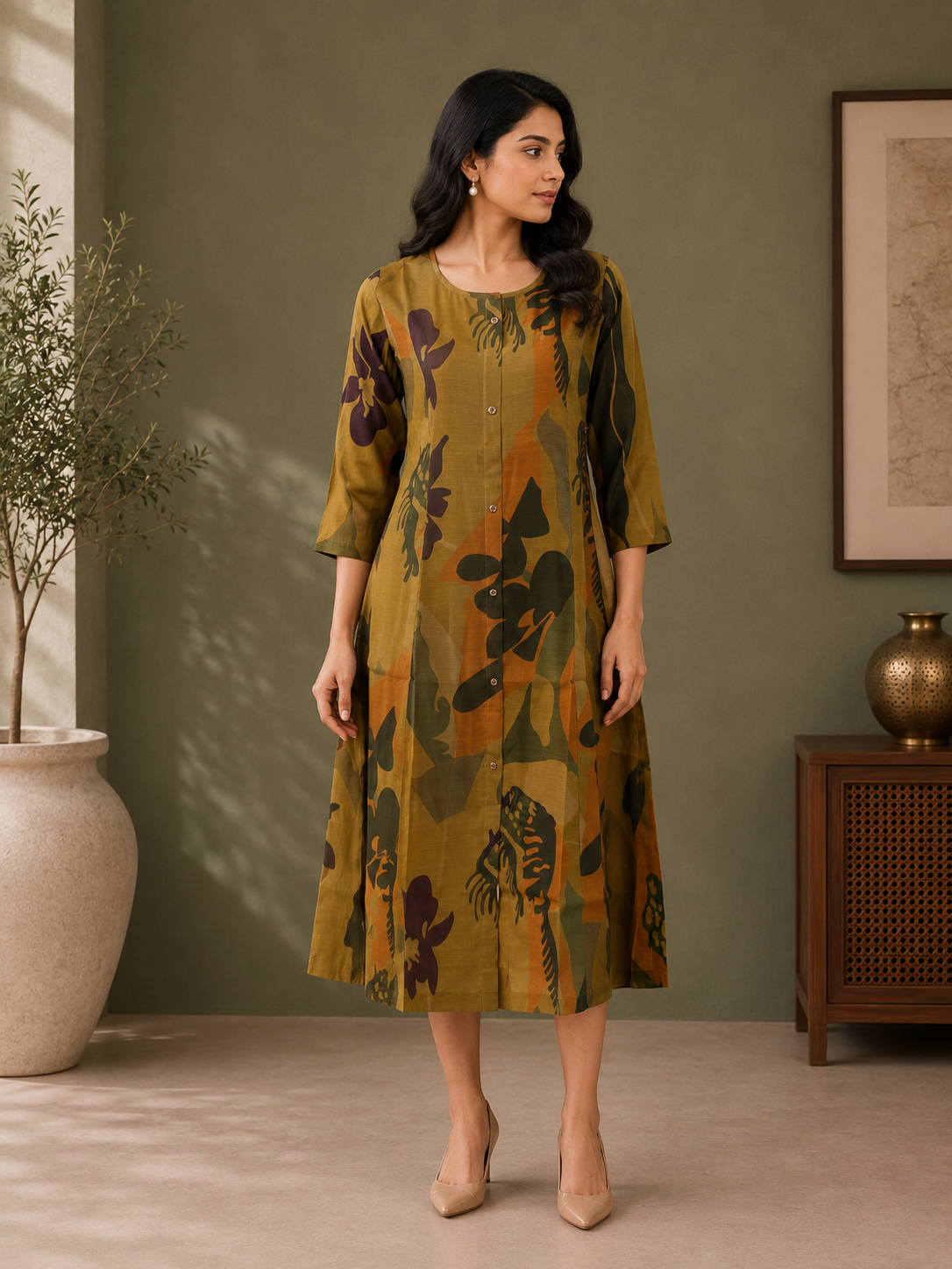 Olive Green Muslin Silk Abstract Printed A-Line Dress for Women