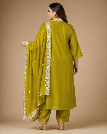 Olive Green Floral Embroidered Silk Anarkali Kurta Set with Dupatta