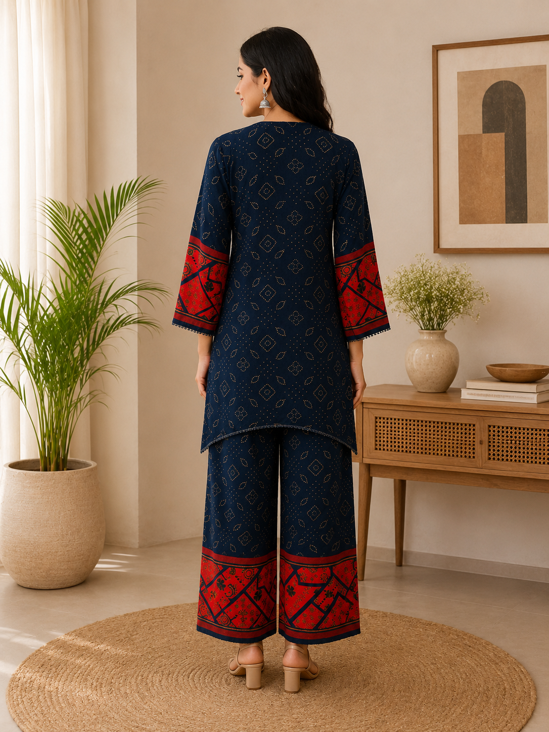 Women's Navy Blue Rayon Kurta Palazzo Set with Bead & Mirror Work