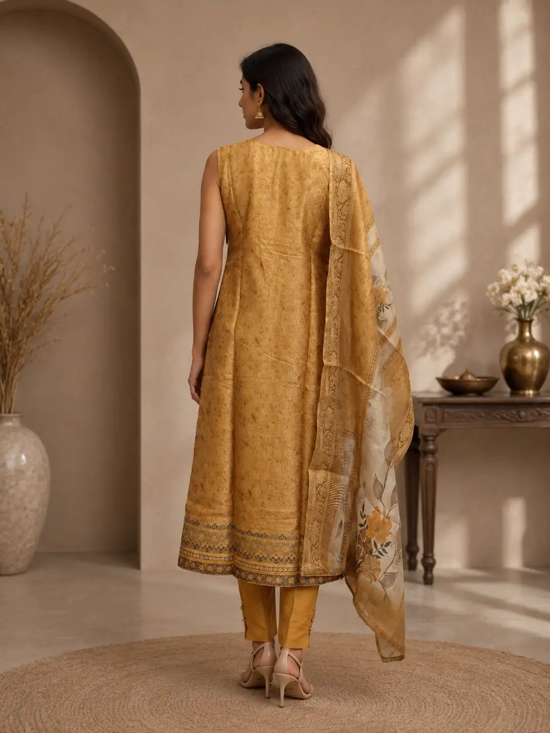Mustard Beige Floral Printed Straight Suit Set with Dupatta