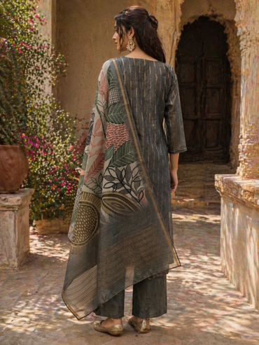 Dark Earth Tone Chanderi Silk Kurta Set with Artistic Printed Dupatta | Elegant Ethnic Wear