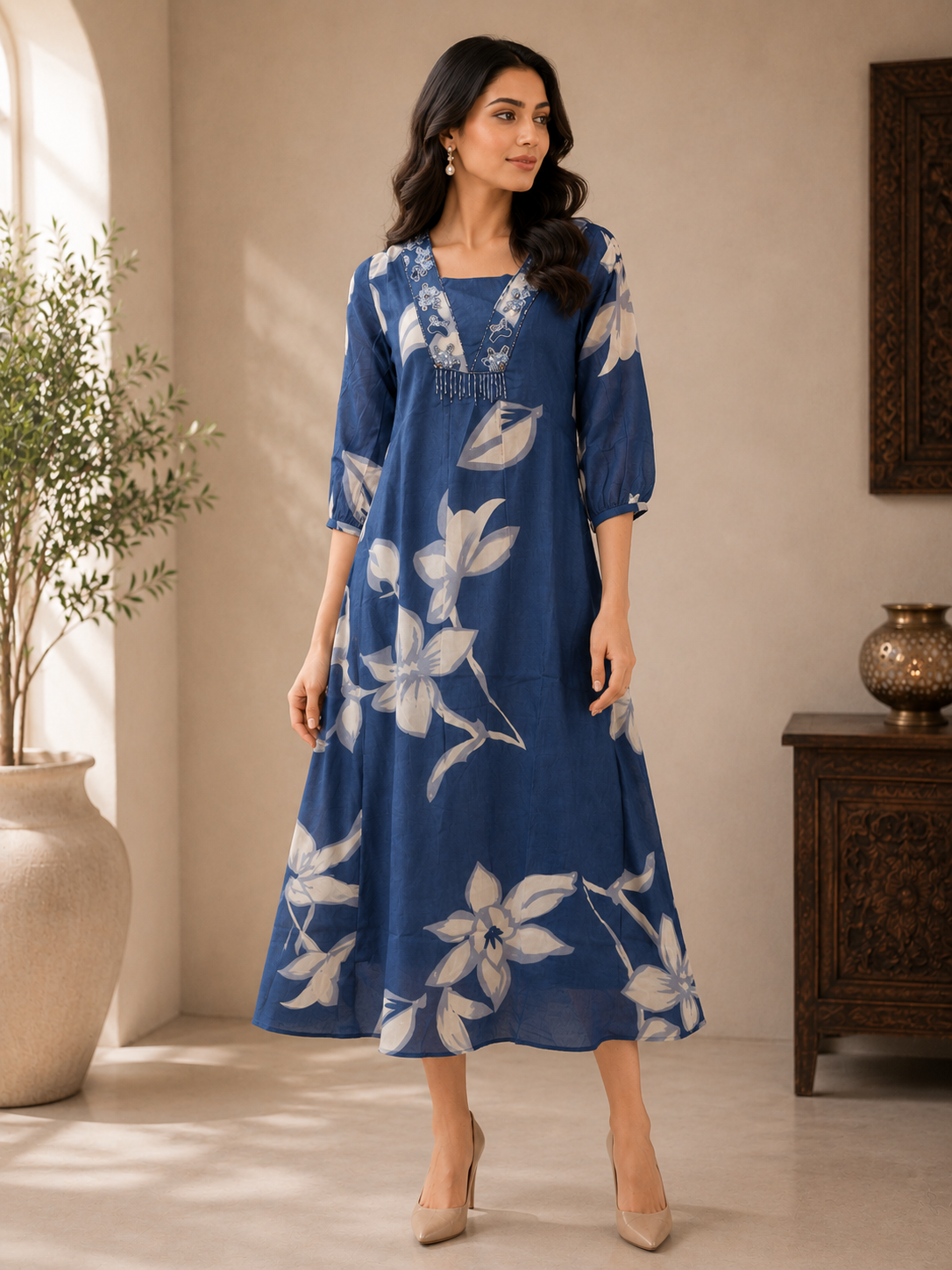 Royal Blue Muslin Silk Floral Printed A-Line Dress for Women – Rithika Suits