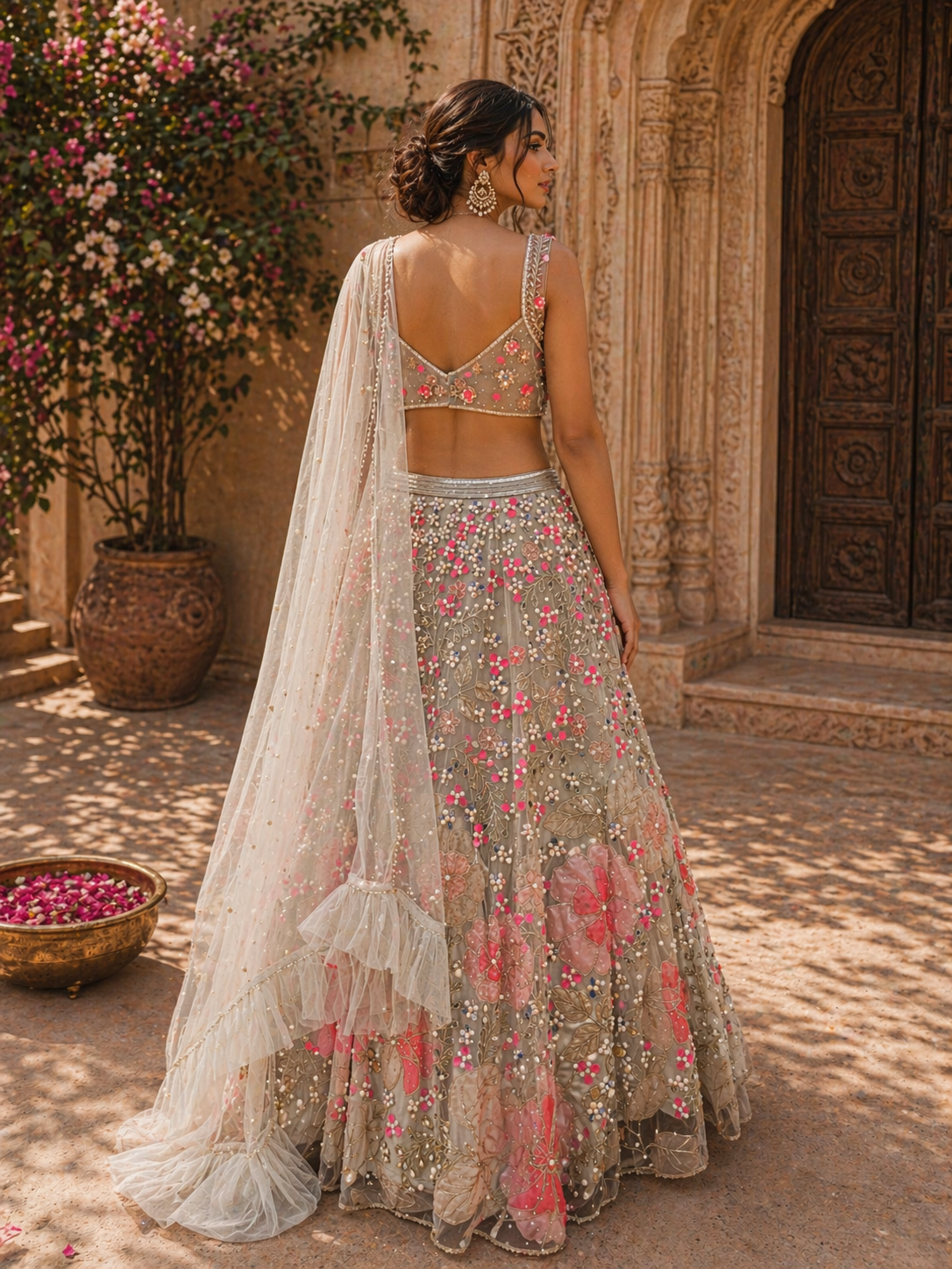 Designer Net Lehenga Set with Multicolor Floral Embroidery & Embellished Blouse | Bridal & Festive Wear