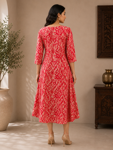 Red Muslin Silk Geometric Printed A-Line Dress for Women