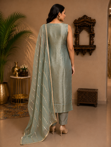 Women's Silver Grey Tissue Silk Kurta Pant Set with Embellished Dupatta