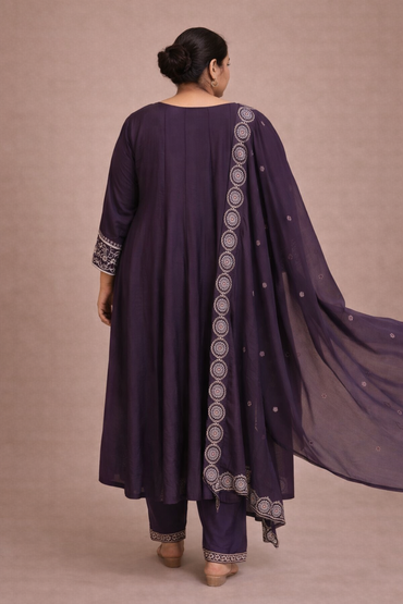 Royal Purple Embroidered Silk Anarkali Kurta Set with Dupatta