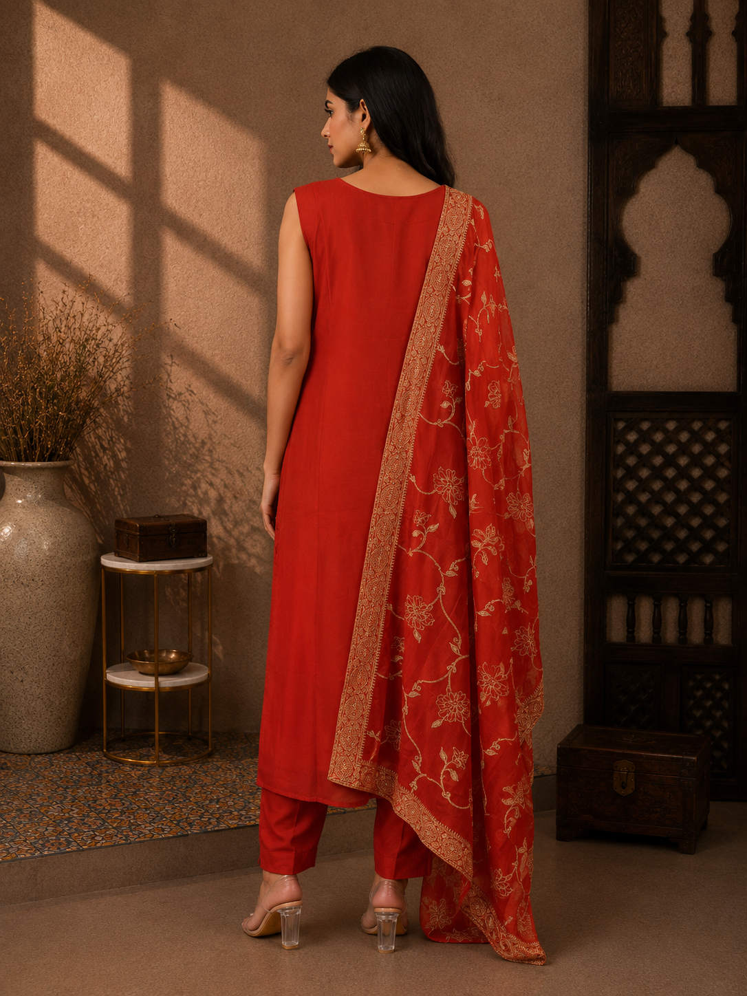 Premium Vichitra Silk Straight Suit Set with Embroidered Dupatta – Vermilion Red
