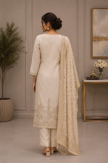 Off White Silk Embroidered Elegant Salwar Suit with Dupatta