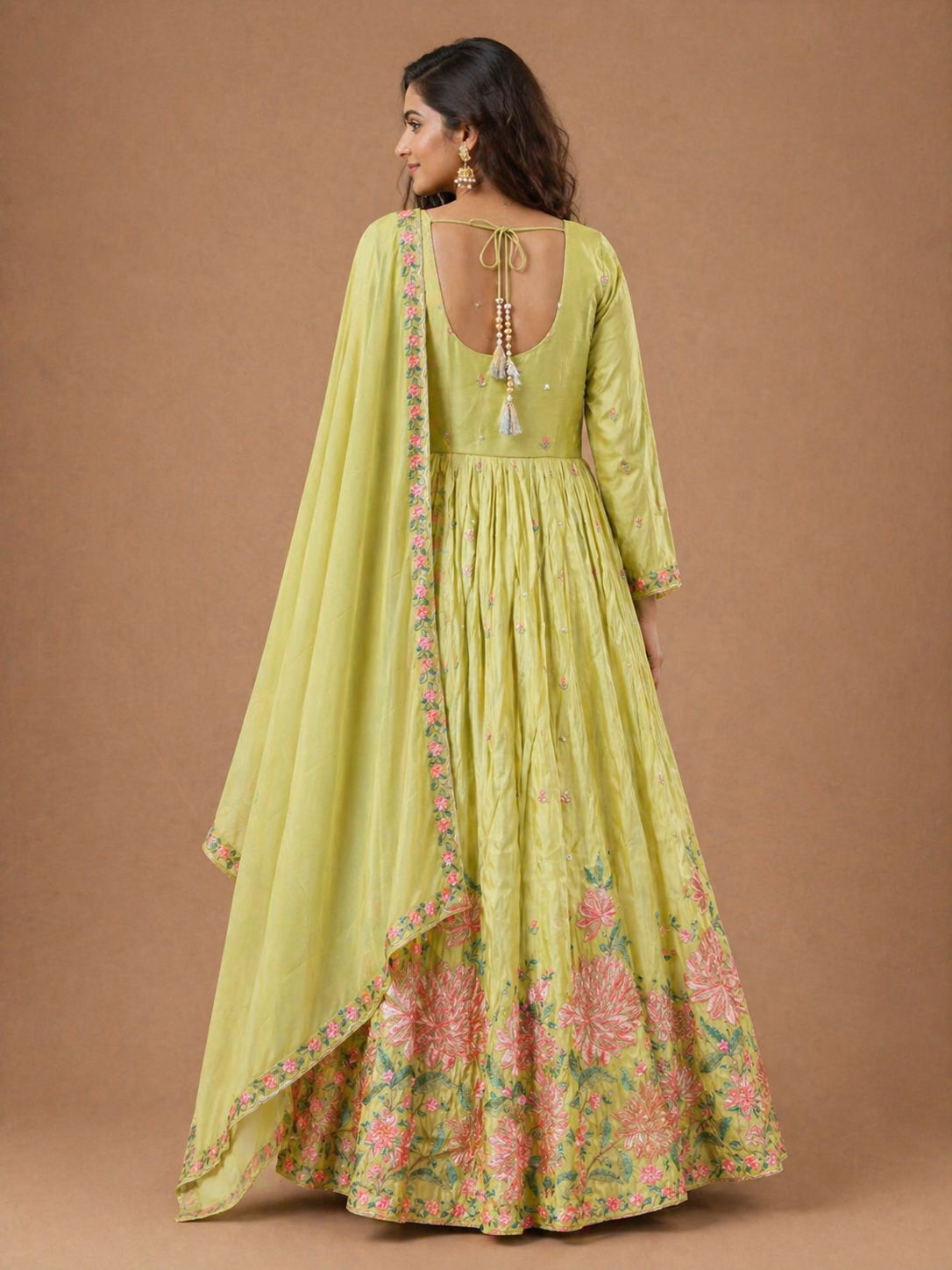 Lime Green Floral Anarkali Set with Dupatta | Mehendi & Wedding Wear