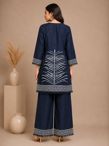 Navy Blue Embroidered Rayon Kurta Set with Palazzo Pants