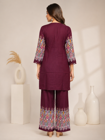 Wine Purple Printed Rayon Kurta Set with Palazzo Pants