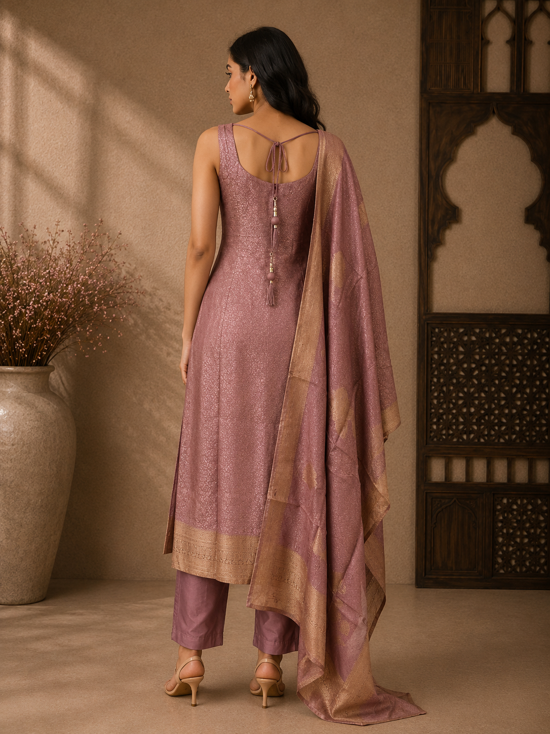 Elegant Mauve Brocade Silk Straight Suit Set with Woven Dupatta