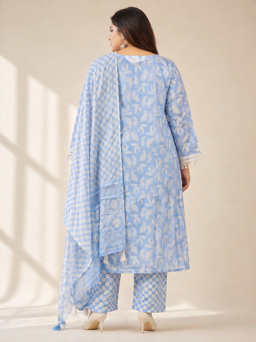 Women's Sky Blue Printed Cotton Kurta Pant Set with Dupatta