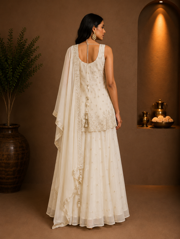 Ivory Silk Embroidered Kurta Set with Sharara & Dupatta