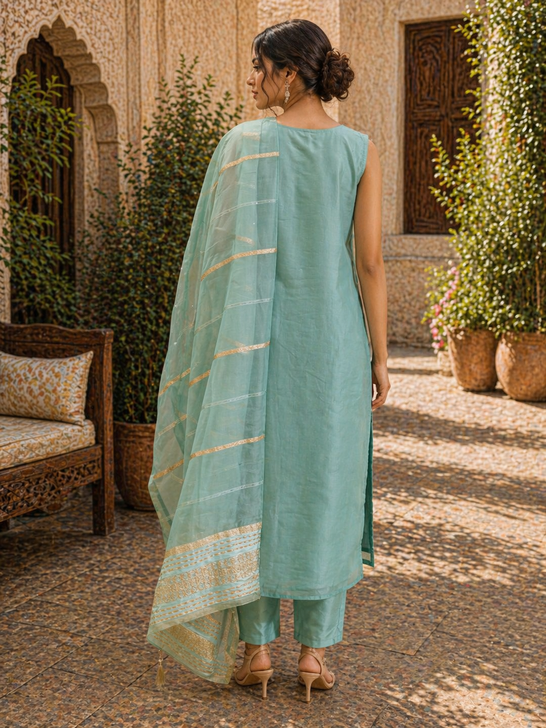 Pastel Mint Chanderi Silk Straight Suit Set with Gold Motifs & Dupatta