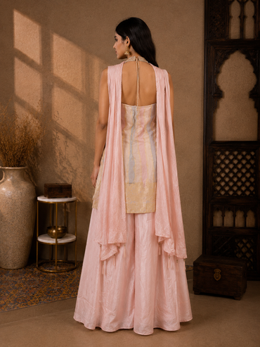 Premium Silk Kurta Set with Flared Palazzo & Organza Dupatta – Blush Pink