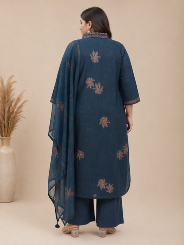 Women's Teal Blue Cotton Kurta Pant Set with Dupatta