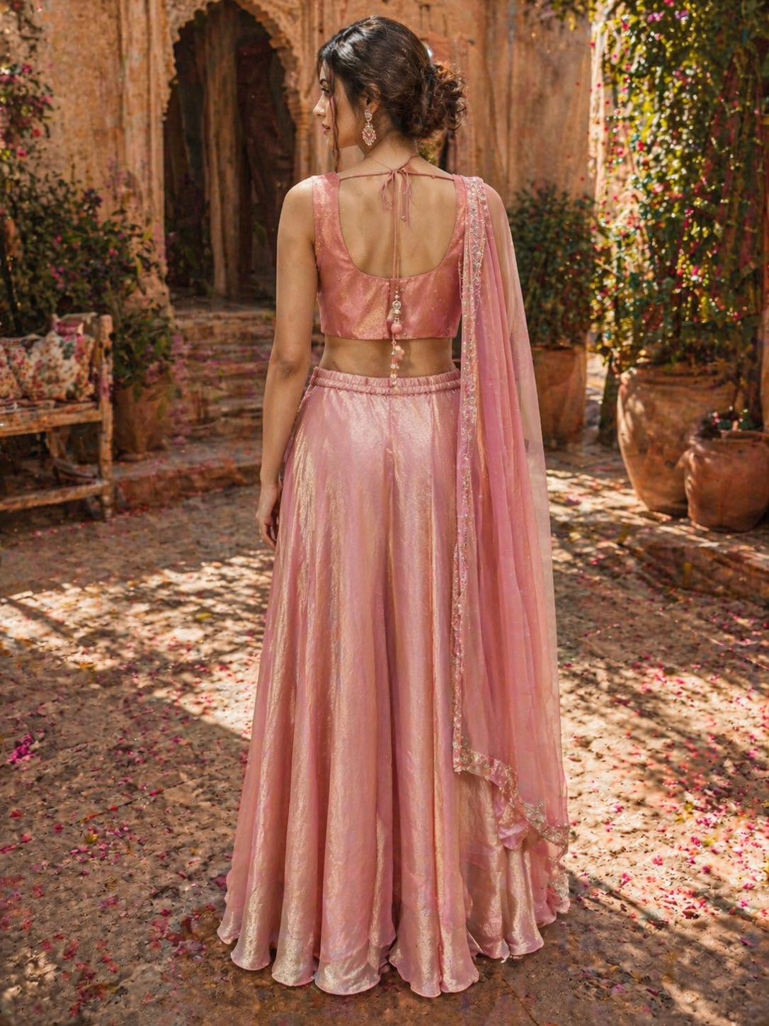 Blush Pink Tissue Silk Lehenga Set with Embroidered Blouse & Dupatta