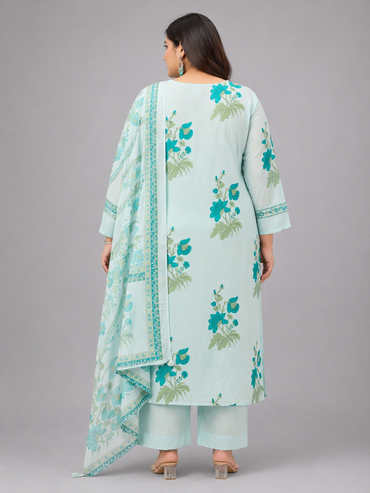 Women's Light Blue Floral Printed Cotton Kurta Pant Set with Dupatta