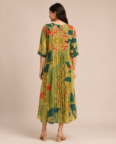Olive Green Imported Lycra Printed A-Line Midi Dress