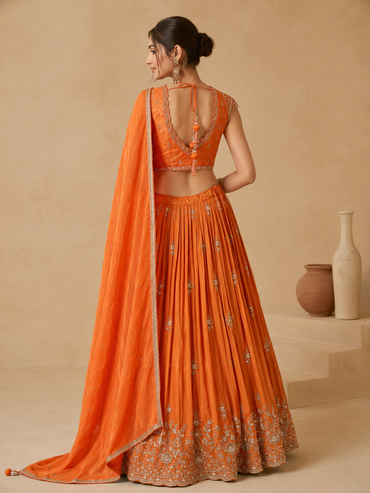 Burnt Orange Silk Embroidered Lehenga Set with Net Dupatta