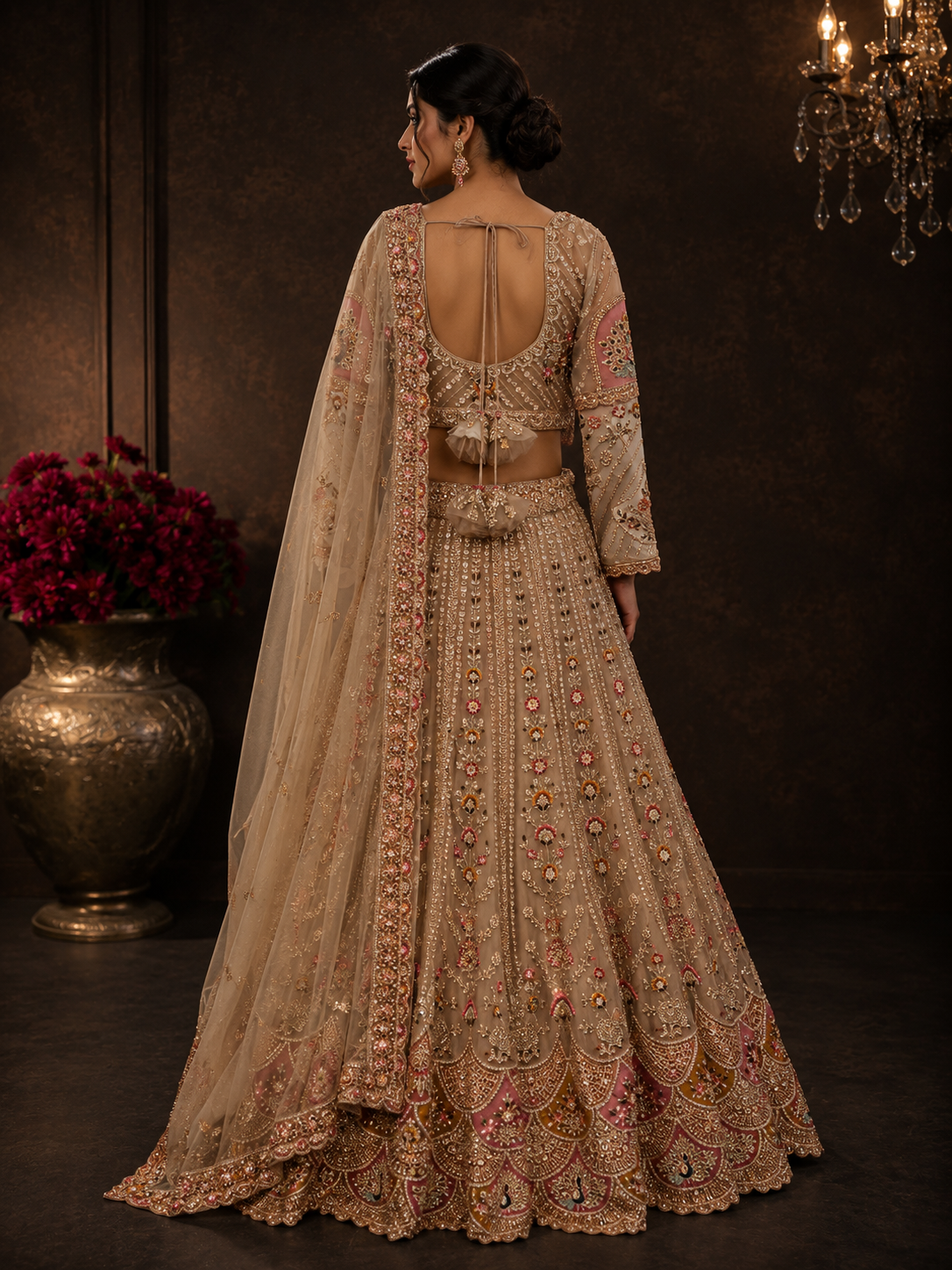 Champagne Gold Silk Designer Lehenga Choli with Heavy Embroidery & Net Dupatta