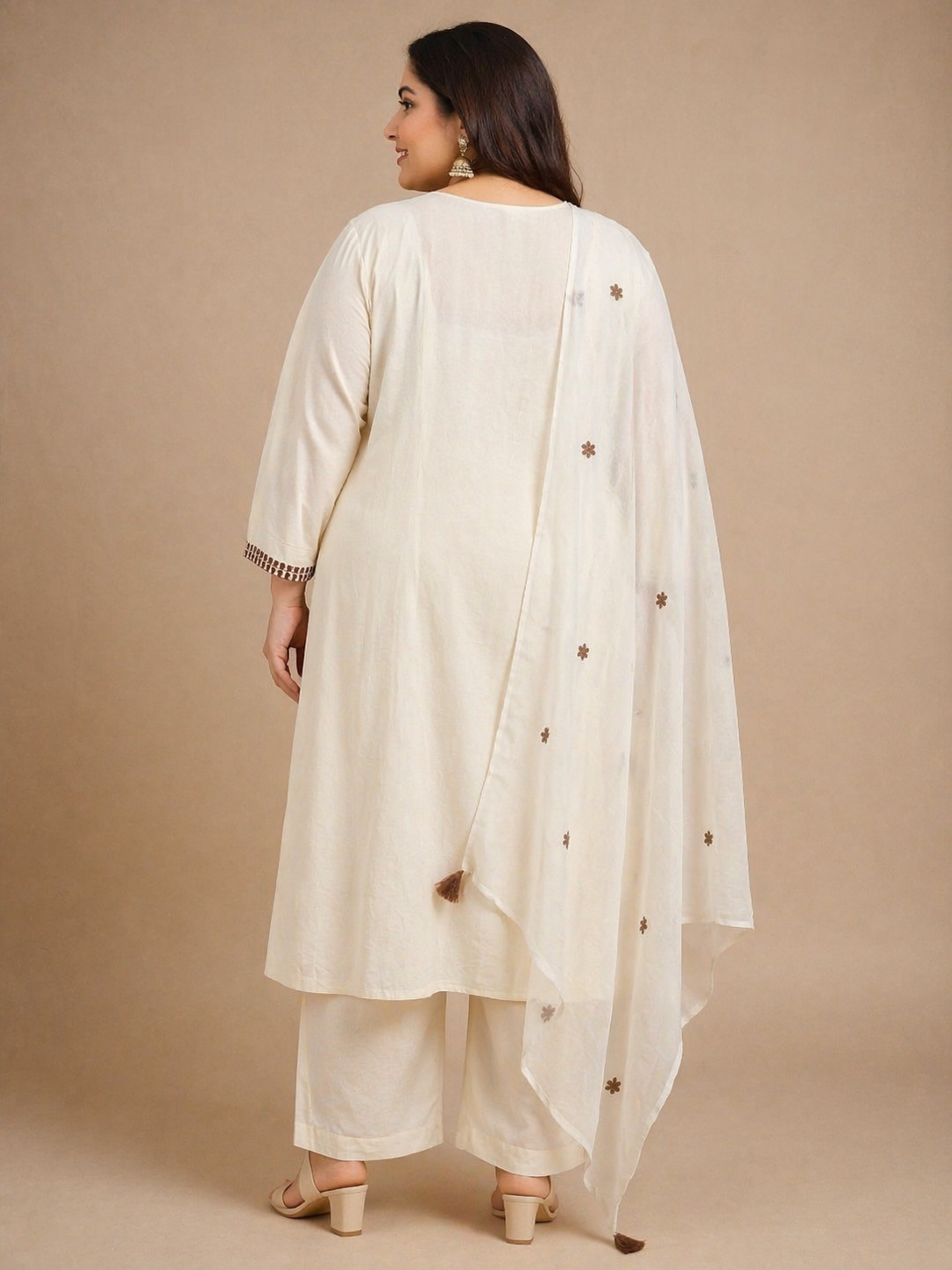 Classic White Embroidered Cotton Kurta Set with Dupatta (Plus Size Friendly)
