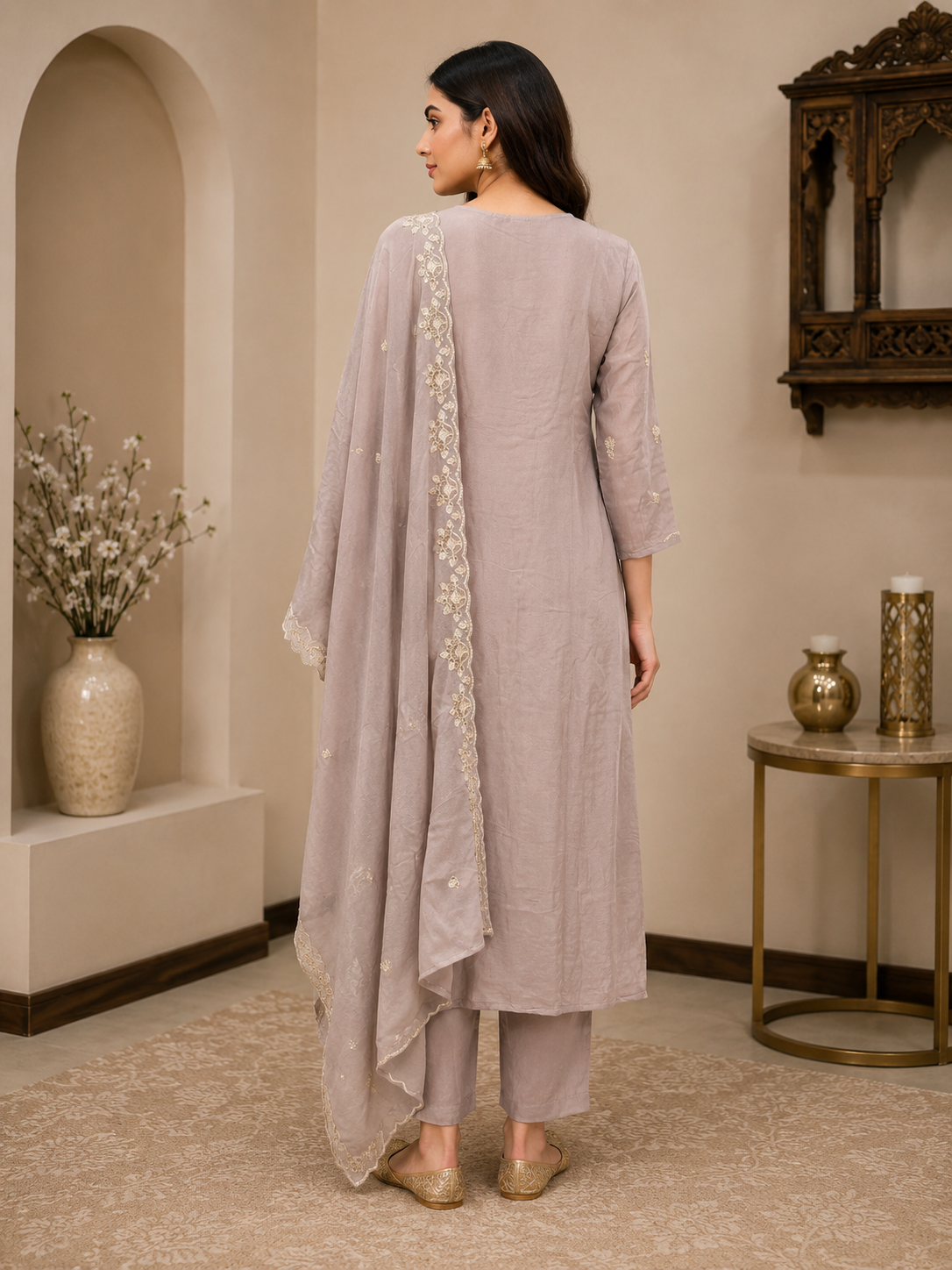 Dusty Lavender Chinnon Silk Embroidered Anarkali Suit Set with Dupatta