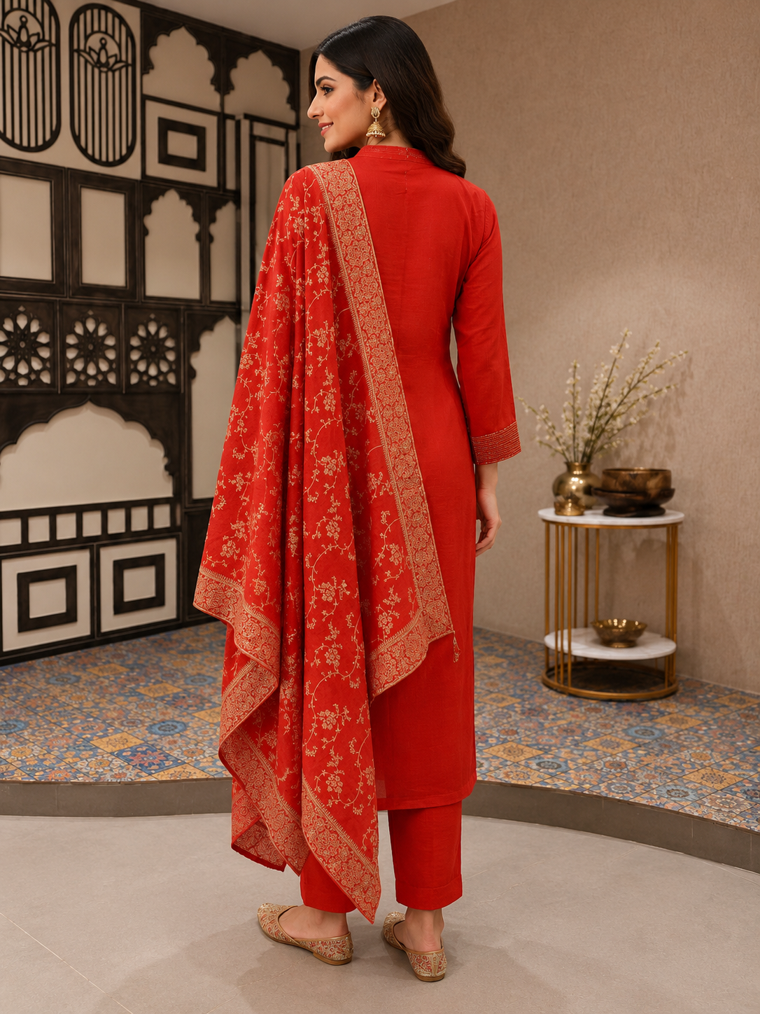 Radiant Red Vichitra Silk Embroidered Kurta Set with Woven Dupatta