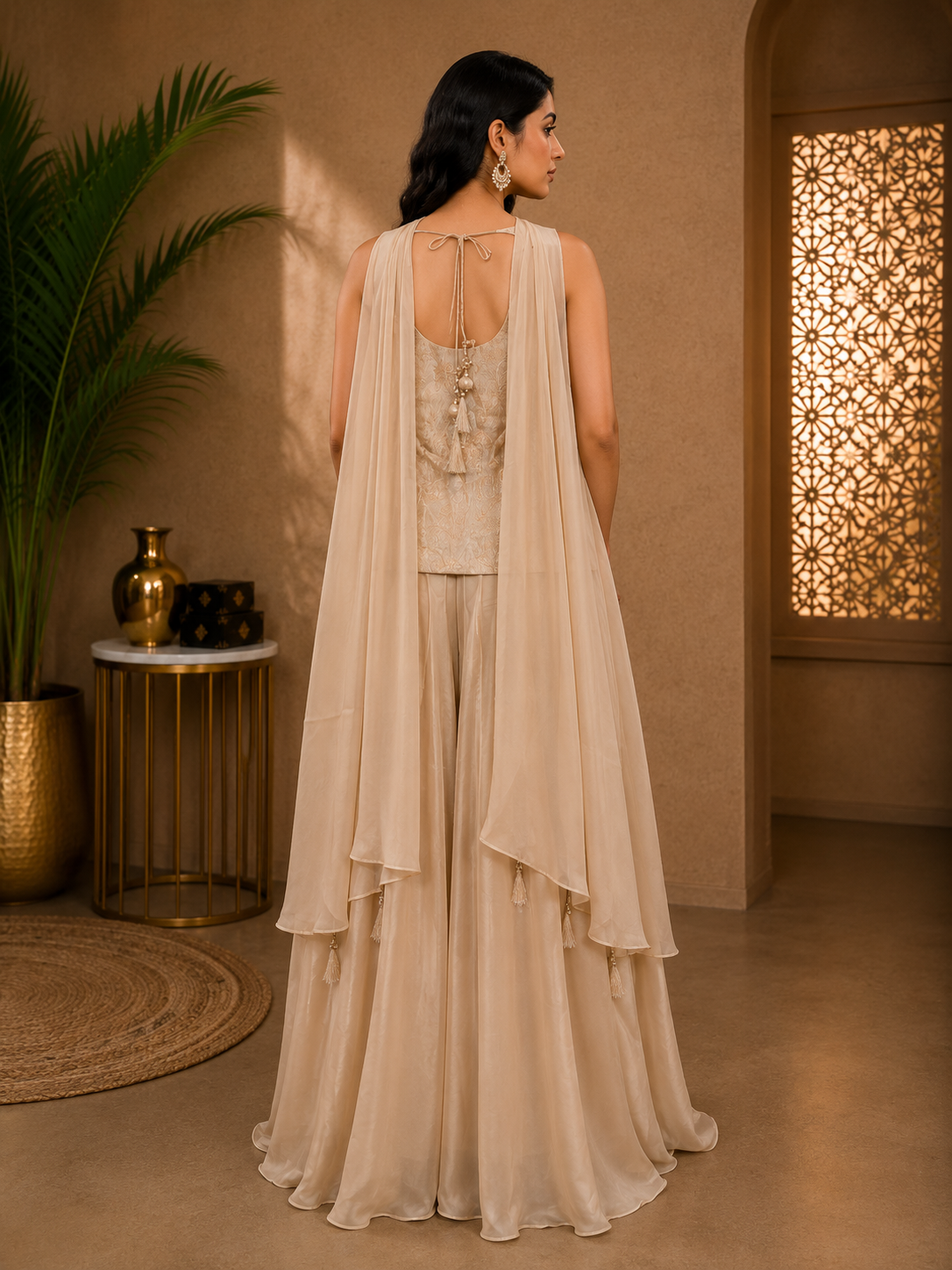 Beige Banarasi Brocade Silk Embellished Indo-Western Palazzo Set