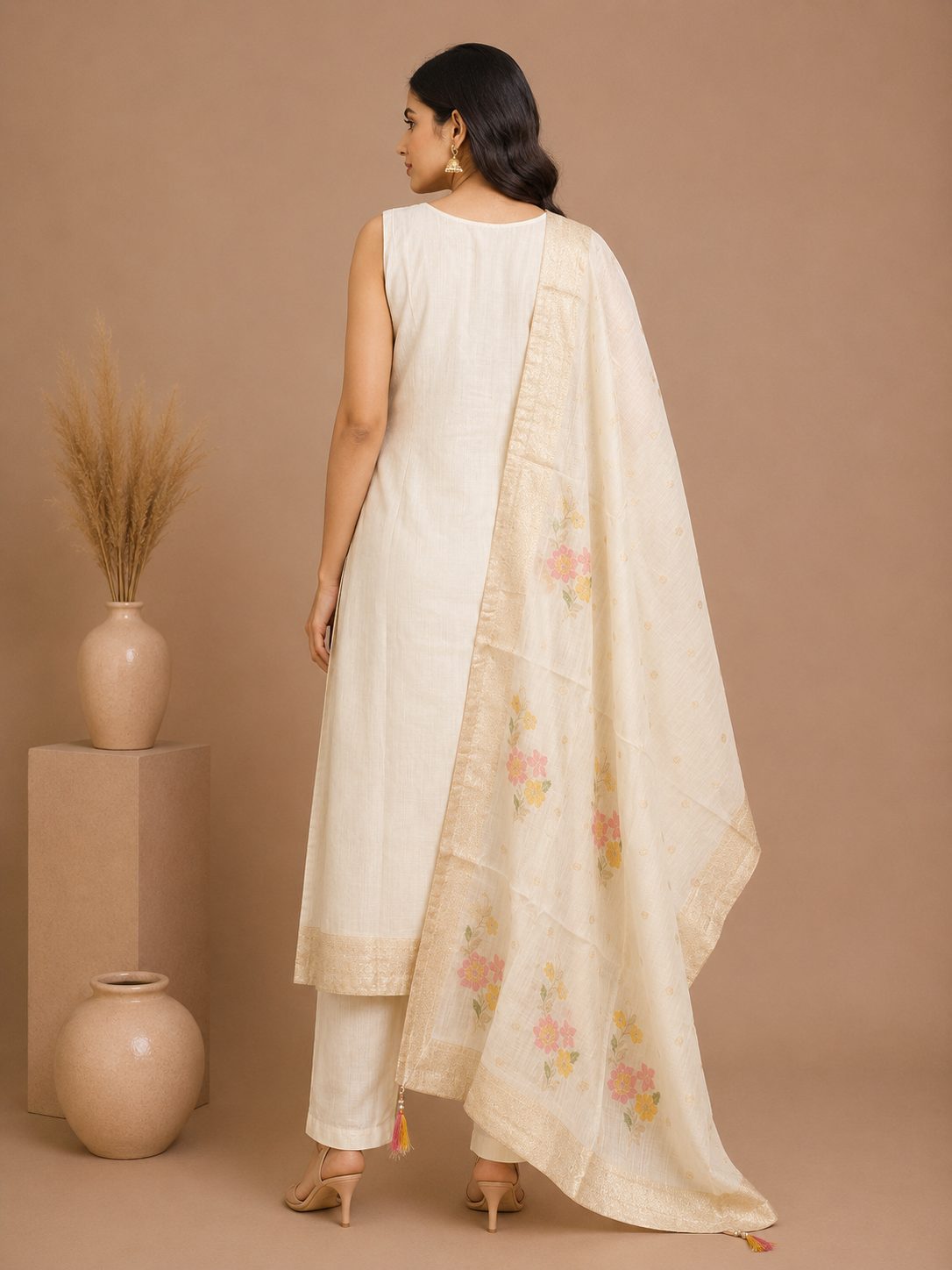 Off White Floral Embroidered Silk Kurta Set with Dupatta
