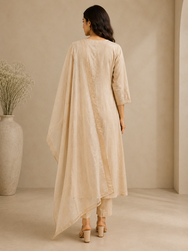 Chanderi A-Line Embroidered Suit Set with Dupatta – Beige