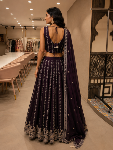 Deep Aubergine Embroidered Silk Lehenga Set