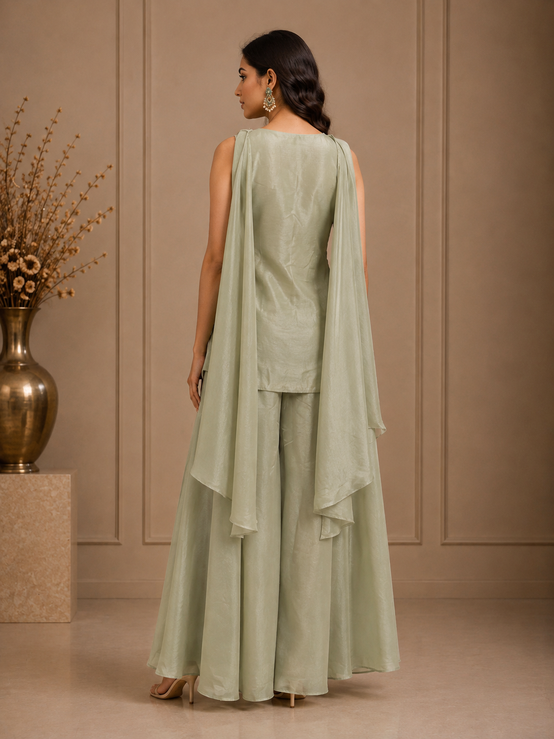 Sage Green Silk Embroidered Peplum Sharara Set