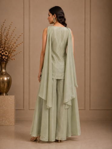 Sage Green Silk Embroidered Peplum Sharara Set