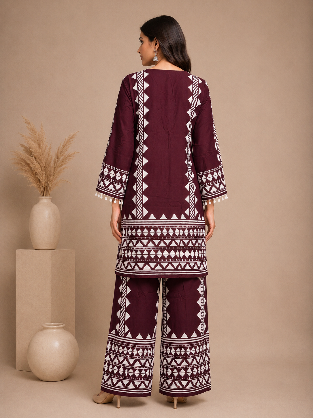 Wine Purple Printed Rayon Kurta Set with Palazzo Pants