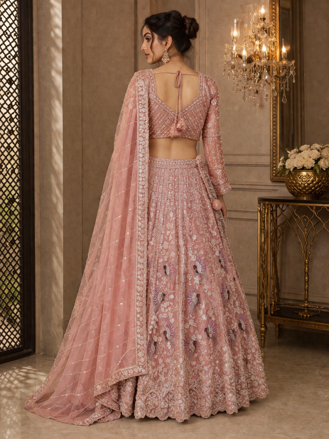 Blush Pink Floral Embroidered Bridal Lehenga Set with Net Dupatta