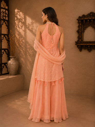 Peach Tissue Embroidered Sleeveless Kurta Set with Palazzo & Dupatta