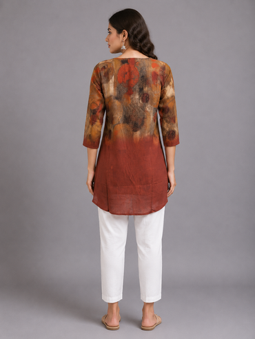 Rust Abstract Print Silk Long Top