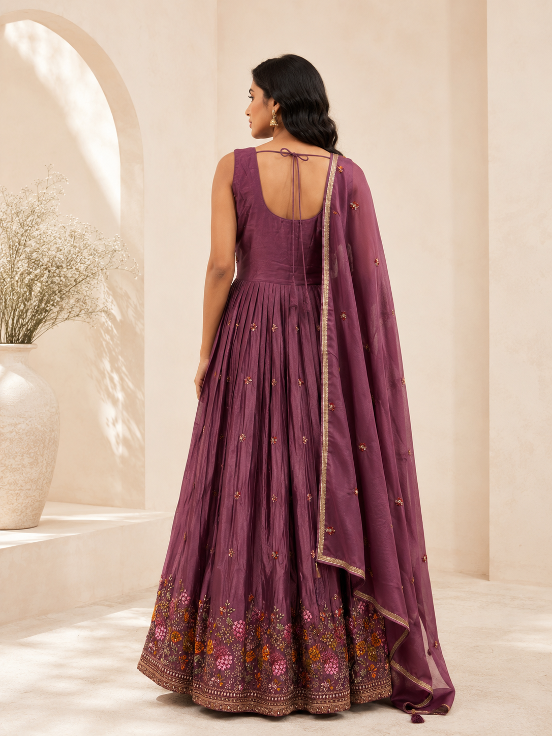 Premium Silk Floral Embroidered Anarkali Suit Set with Dupatta – Dusty Mauve
