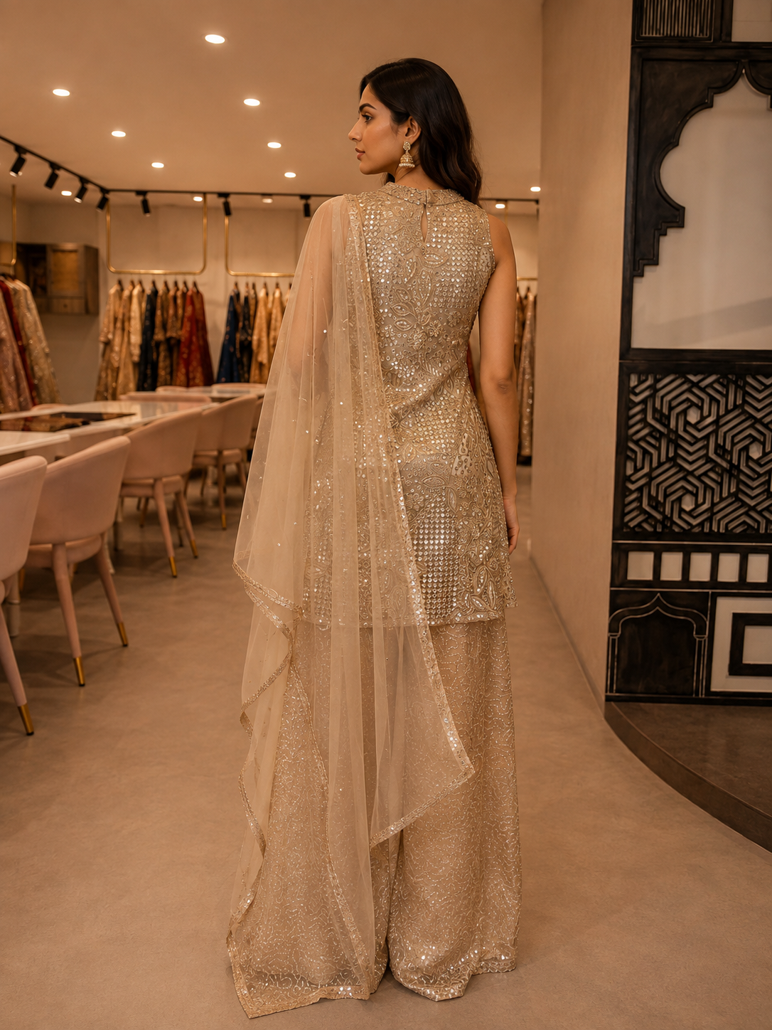 Champagne Beige Net Cutwork Embroidered Kurta Set with Palazzo & Dupatta