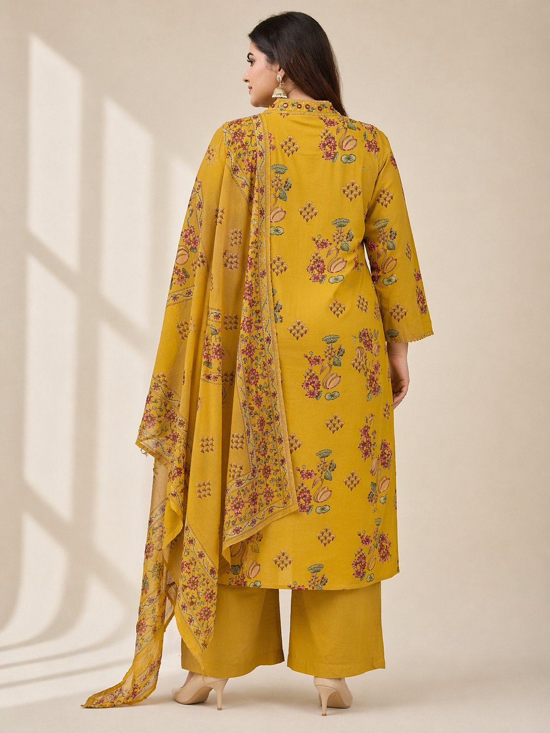 Women's Mustard Yellow Printed Cotton Anarkali Kurta Pant Set with Dupatta