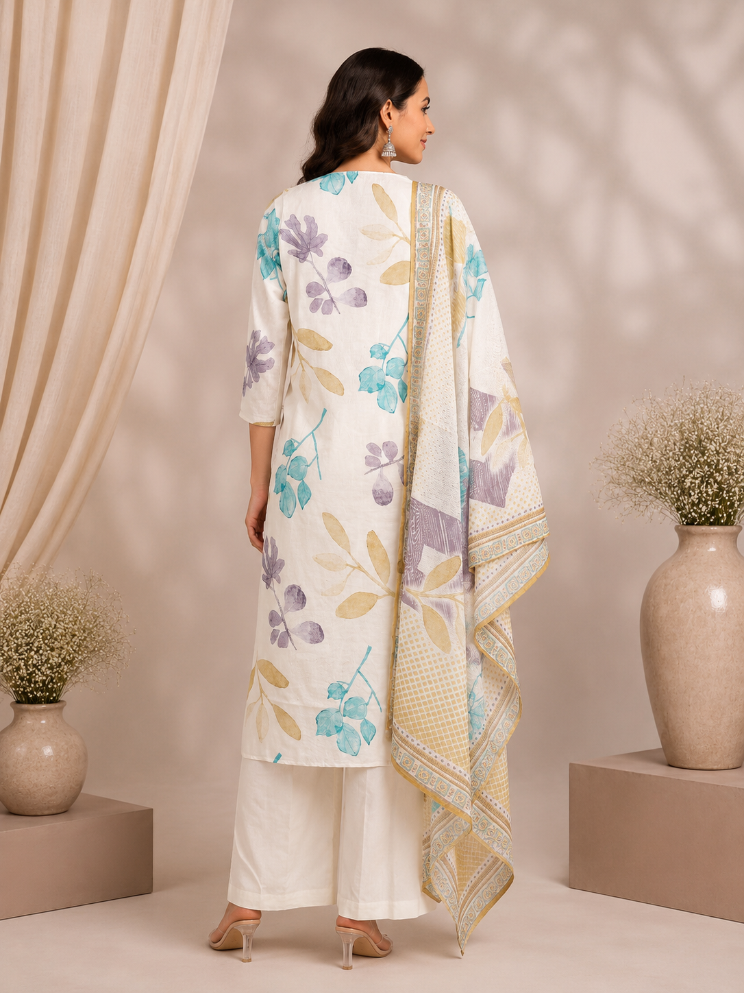 Off-White Floral Cotton linen Kurta Set with Dupatta