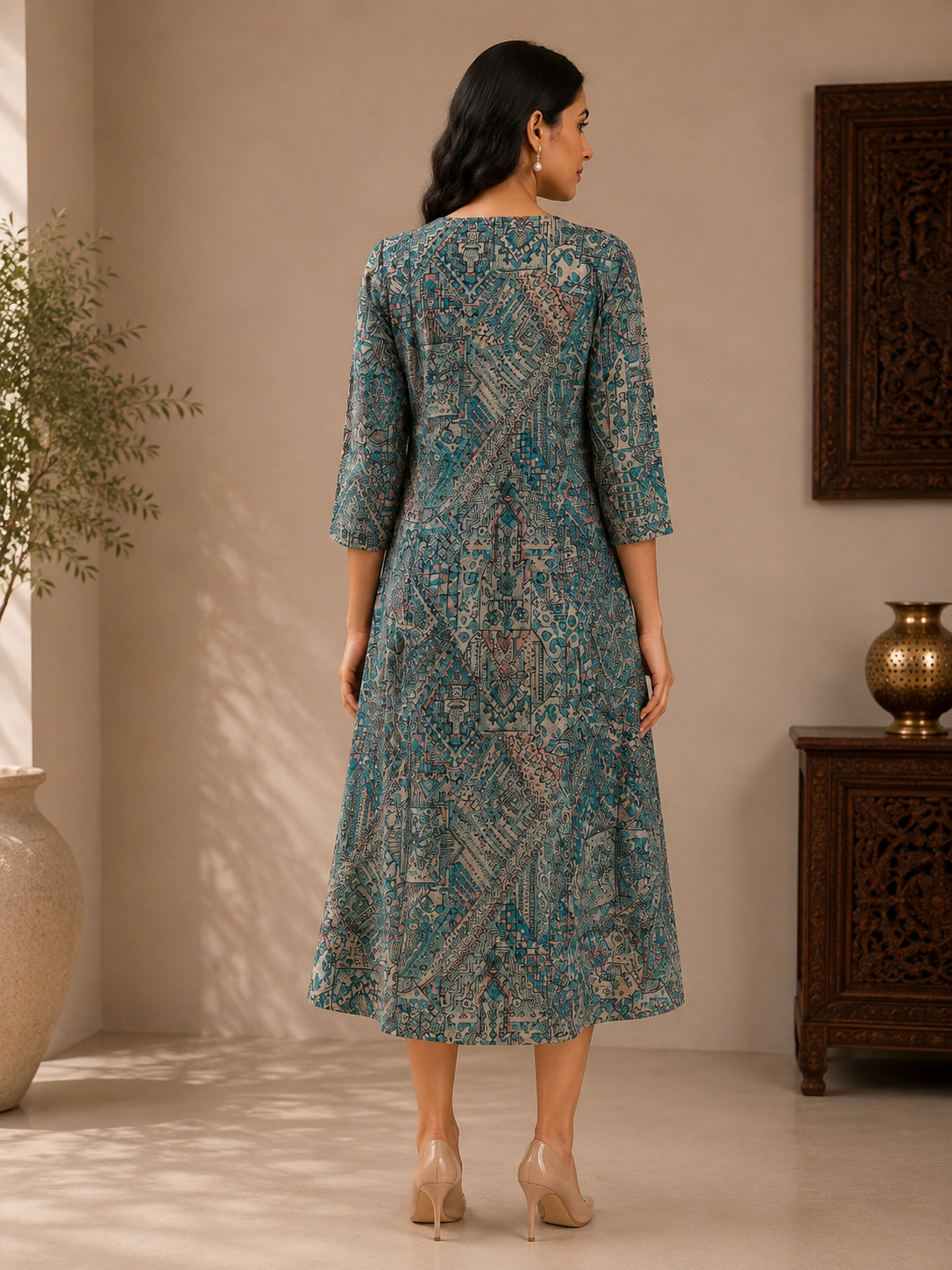 Teal Blue Muslin Silk Printed A-Line Dress for Women