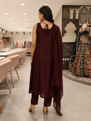 Elegant Maroon Brocade Silk Straight Suit Set with Chiffon Dupatta