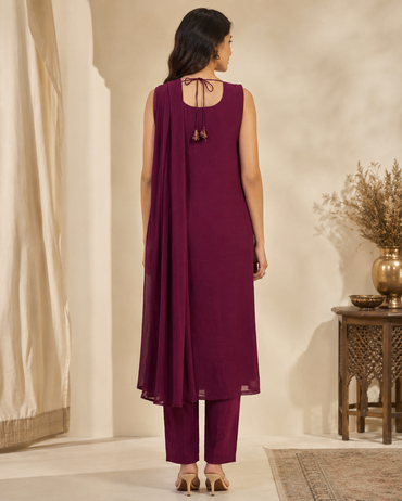 Premium Brocade Silk Straight Suit Set with Chiffon Dupatta – Wine Purple